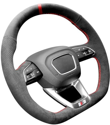 Alfanxi Alcantara-Lenkradbezug, handgenäht, kompatibel mit Audi Q3, Q5, SQ5, Sportback, Q7, SQ7, Q8, SQ8, mit Schaltpaddeln (rot gestreift)
