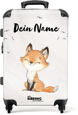 NoBoringSuitcases.com® Koffer personalisiert, Koffer Kinder, 67x43x25cm - Reisekoffer - Kinderkoffer, Koffer für Kinder, Hartschalenkoffer - Fuchs mit Vögeln - Mittelgroß mit Rollen, Koffer mit Namen