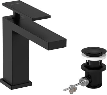 hansgrohe Tecturis E - Waschtischarmatur mit Zugstange, energiesparend (CoolStart), Wasserhahn Bad mit Auslauf Höhe 110mm, Mischbatterie Waschbecken wassersparend (EcoSmart), Mattschwarz
