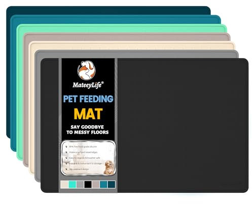 MateeyLife Tapis Gamelle Chat et Chein en Silicone, Tapis Nourriture Chat Imperméable, Absorbant avec Bords surélevés, Plateau en Silicone Mat, 46x31cm, Noir