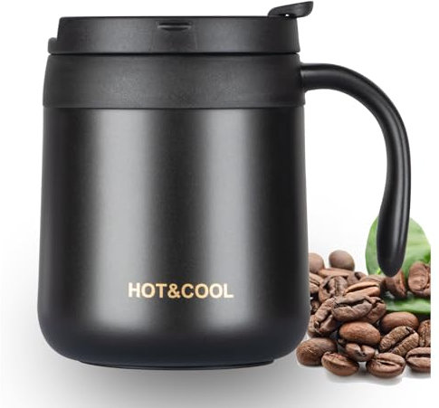 SCJHMY Tasse isotherme en acier inoxydable - 350 ml - Avec couvercle et poignée - Double paroi - Pour voyage, camping, café - Noir