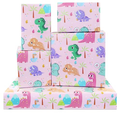 Geschenkpapier mit Dinosaurier-Motiv, 4 Bögen Rosa Baby-Dinosaurier-Design Geburtstags-Geschenkpapier für Mädchen, Kinder, Jungen, Dino-Geschenkpapier für Geburtstag, Babyparty, 50x70cm