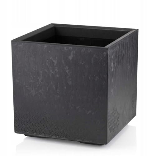 HowHomely Macetero negro 40 x 39 x 39 cm Macetero grande exterior – Jardinera con ruedas con tapón de desagüe – Maceta con aspecto de hormigón para jardín y terraza