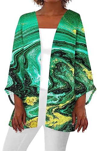 ODJOY-FAN Womens Cardigans Plus Size Summer Dressy Casual Cardigan Floral Printed Three Quarter Sleeve Lightweight Tops Cropped Denim Jacket for Women 3/4 Sleeve Jean Top（4XL,3-Green）