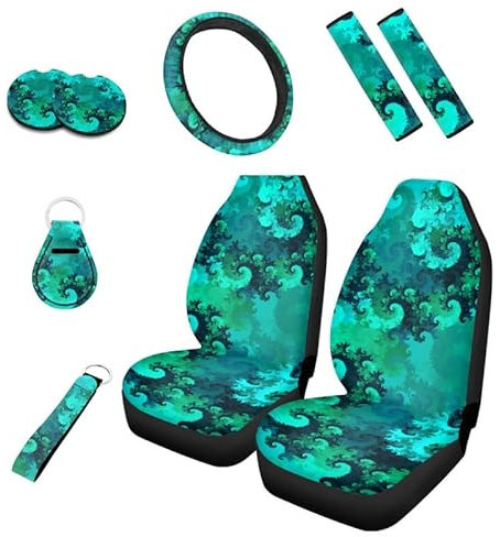 Kuiaobaty Fractal Spiral Autositzbezug, nur vorne, Blaugrün, Türkis, Autozubehör, Gurtpolster, Schalenpolster, Lenkradbezug, 9-teilig