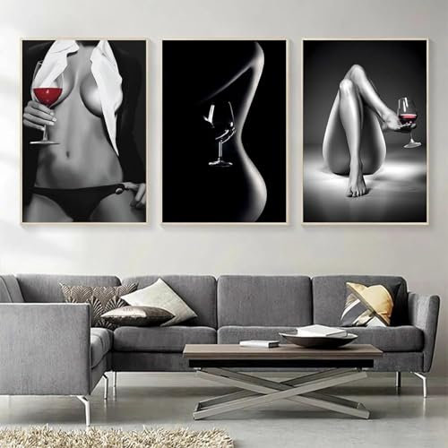 AWKFHF Femme Sexy avec Verre à Vin Tableau Décoration Murale Toile Peinture Affiche Chambre Salon Décoration(sans Cadres) (3X30X40CM)