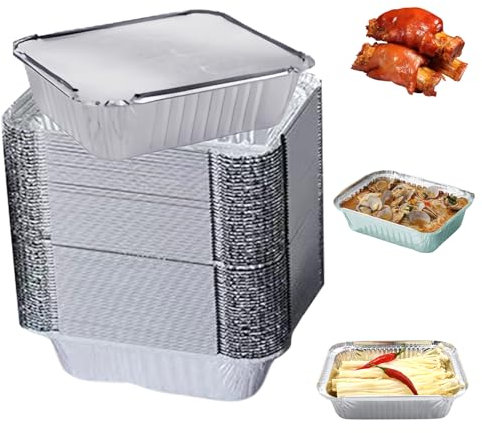 Vaschette Alluminio con Coperchio, 60 Pezzi Contenitori Alluminio 650ml, Teglie Alluminio Usa e Getta Monouso, Vaschette in Alluminio per Trasporto di Cibo, Congelamento, Barbecue, Cottura In Forno