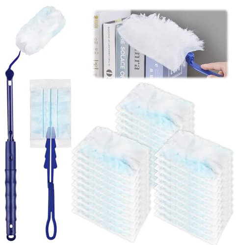 Plumero magnético de microfibra, 20 paños de recambio con 2 mangos telescópicos, plumero desechable, juego de iniciación para aspirar el polvo y el pelo para limpiar el polvo, la suciedad