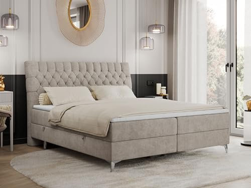 MKS MEBLE Boxspringbett 160x200 mit 2 Bettkästen Matratze und Topper, Polsterbett 160x200, Bett 160x200 - Milen - 160x200cm - H3 Beige Struktur