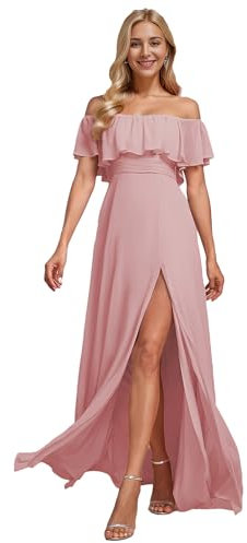 Ever-Pretty Vestito da Cerimonia Donna dalla Spalla Linea ad A Chiffon con Spacco con Volantes Stile Impero Lungo Dusty Rose 40