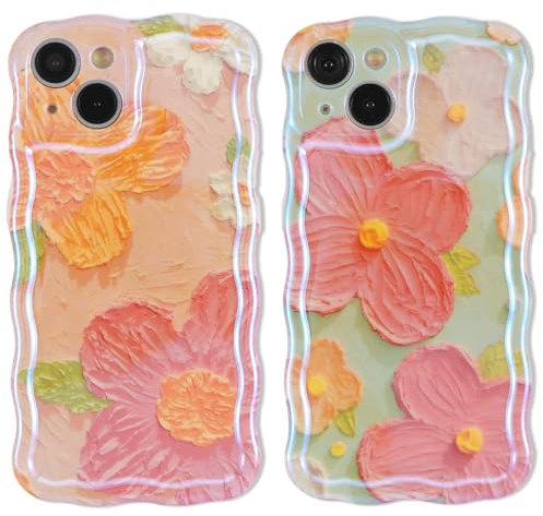 ZhuoFan 2 Packs Coque pour iPhone 15 6,1'', Coloré Vintage Aesthetic Fleur Rose Bleu Housse de Protection Floral Motif Peinture Dessin Silicone TPU Antichoc Jolies Filles et Femmes pour Étui, 07