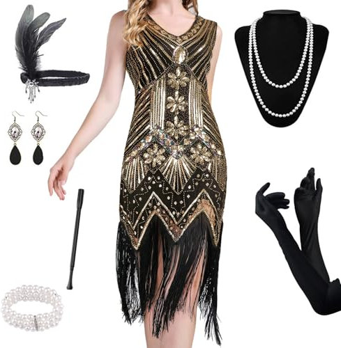 AONAT 1920er Jahre V-Ausschnitt Pailletten Perlen Fransen Kleid,8 Stück Damen Flapper Kleider voller Pailletten Retro,Kostüm mit Zubehör der 20er Jahre für Maskerade Karneval