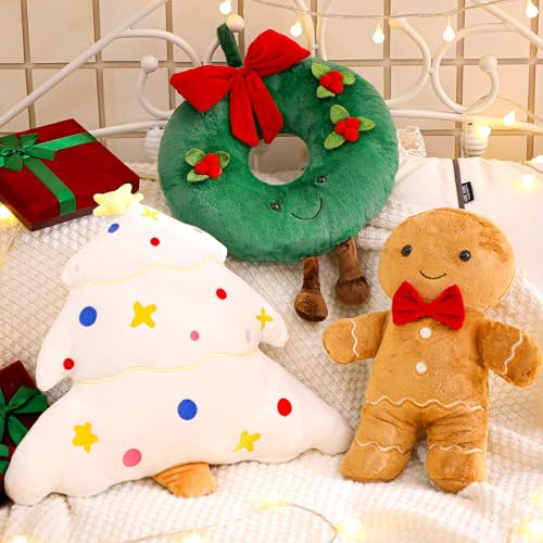 Beeveer Set di 3 cuscini natalizi in peluche a forma di pan di zenzero, 45 cm, con albero di Natale, morbidi e carini, per feste di Natale, decorazione regalo