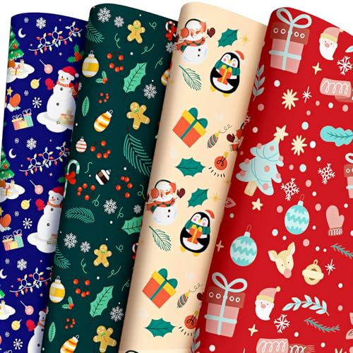 BlessedSeason Geschenkpapier Weihnachten 4 Verschiedene Muster Designs, 6pcs Geschenkpapier Set, Schneemann, Weihnachtsbaum, Rentier, Pinguin, Neutrales Geschenkpapier Set für Weihnachten, Feiertage,