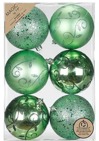 Inge-glas Weihnachtskugeln Kunststoff 8cm 6er Set - bruchsicher & mit Glitzer Muster - Große Christbaumkugeln für Weihnachtsbaum - Weihnachtsbaumkugeln & Christbaumschmuck Salbeigrün - Paradise Green