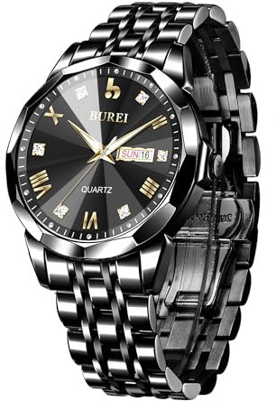 BUREI Herrenuhr Simulation Quarz Band Diamant Edelstahl Uhr Kalender Datum wasserdichte Luxus Business Freizeit Mode Uhr (Schwarz)
