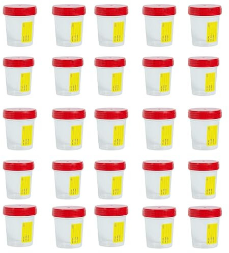 25 recipientes de orina estériles de 120 ml – Tarros para análisis con tapón hermético y etiqueta para nombre – Uso médico y doméstico, listos para usar