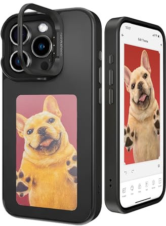 reinkstone Inkplay E-Ink Screen Phone Case for iPhone 15 Pro Max with Aluminum Alloy Kickstand, NFC Smart DIY Protective Case High Restoration, Shockproof, Wireless Black