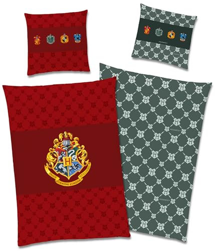 Harry Potter Kinder-Bettwäsche Set - Zauberschule Rot - 135 x 200 cm + 80 x 80 cm - 100% Baumwolle Renforcé Linon-Qualität Wendebettwäsche Bettzeug Bettbezug YKK Reißverschluss Deutsche Größe