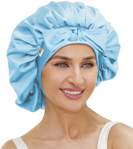 ATNKE Seidenhaube für Schlafende Damen, Weich Doppellagig Satin Gefüttert Seide Haarwickel Schlafmütze Mütze mit Haarband für Lange Jumbo Lockige Zöpfe Naturhaar/Haze Blue