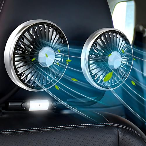 SGZIOO Ventilador Coche 12V, Doble Cabeza Ventilador USB Coche, Ventiladores para Coche Giratorio 360°, Ventilador Coche Aire Frio con 3 Velocidades para Asiento Trasero para Camiones SUV Autocaravana