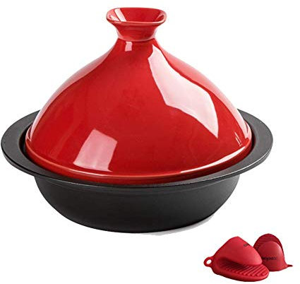Tagine PotCasserole Dishes with Lids 24Cm Large Cooking Tagine,Moroccan Tajine with Enameled Cast Iron Base and Cone-Shaped Lid (Red)