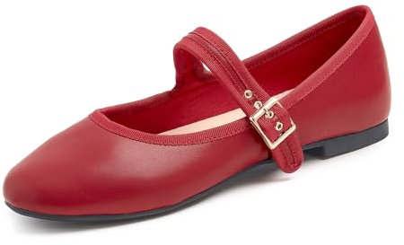 Feversole Women's Soft Breathable Mary Jane Memory Foam Cushioned Comfort Round Toe Metal Buckle Flats Walking Shoes Retro Red Napa Size UK 6.5