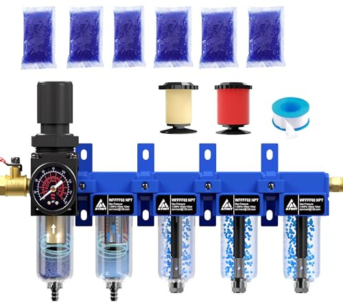 ATINY Sistema di asciugatura dell'aria a 5 stadi NPT da 1/4, essiccatore d'aria per compressore, cartuccia filtro da 5 e 0,01 micron, essiccatori a triplo essiccante e regolatore d'aria, ciotola in