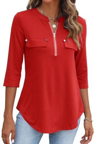 BDTECAOR Bluse Damen Elegant 3/4 Arm Shirt V Ausschnitt Work Oberteile | Dreiviertelarm Shirt, Casual Business Outfit, knitterfest & bügelfrei, Reißverschluss, Kurvensaum, A-Linie, Büro & Freizeit