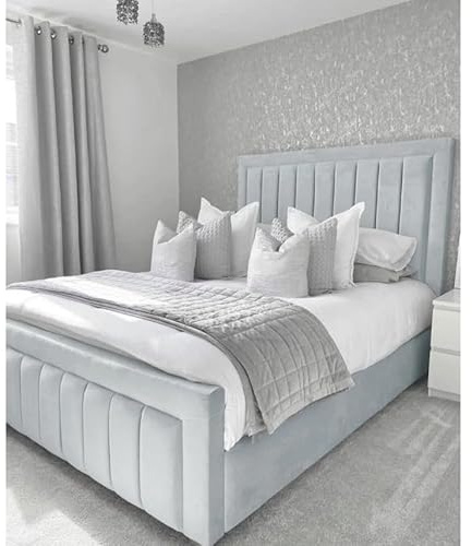 Attock Beds Chesterfield Border Panel Bed Frame - UK made - Double/King/Super King Size Plush Velvet Fabric Upholstered (Light Silver Plush, Super King)