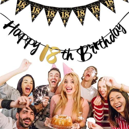 Deko 18. Geburtstag Junge Mädchen,18 Geburtstag Deko,Happy Birthday Banner Wimpelkette,Schwarz Gold Geburtstagsdeko 18th Girlande,Geburtstagsbanner Wimpel für Party Hintergrund
