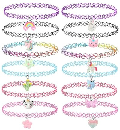FUGLUS 12 Stück Elastische Halskette, Stretch Tattoo Choker Kette Rainbow Armband Vintage Gummi Tattoo Halskette Henna Halsband für Mädchen Frauen Teen Mädchen Kinder