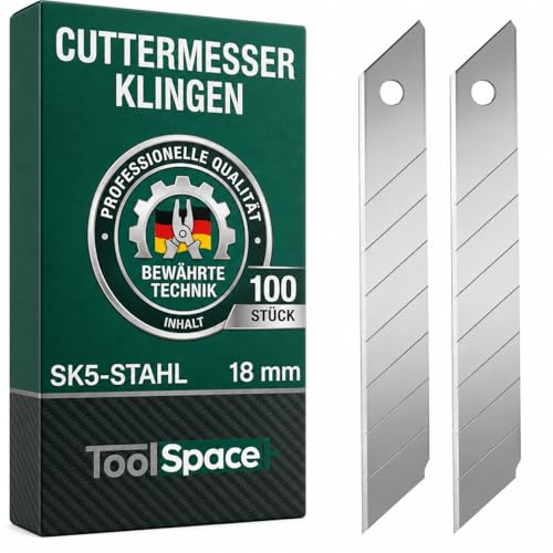 ToolSpace Cuttermesser Klingen 100x Abbrechklingen 18mm SCHAFR SK5 Stahl | Universal Ersatz Blades aus SK5-Stahl für Stanley-Messer Teppichmesser Präzise für vielseitige Anwendungen Messerklinge