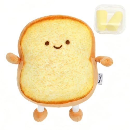 LOLANIUT Toast Kuscheltier mit Lächeln, Kissen Aesthetic, Goldgelb Toastbrot Kissenmit Gelben Ohrstöpseln, Toastbrot Plüschtier Geschenk für Erwachsene Zu Geburtstag, Weihnachten, Halloween