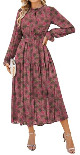 GRACE KARIN Kleid Damen Sommer Langarm A Linien Blumen Chiffon Maxikleid | Hochzeitsgast Kleid Elegante Rundhals Ausschnitt Festlich Party Cocktail Abendkleid Lang