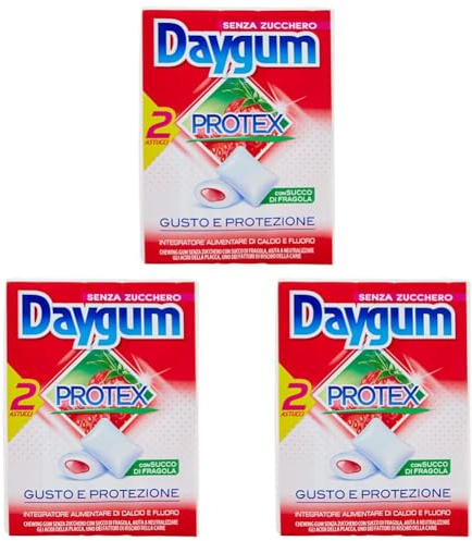Daygum Protex, Chewing Gum, Gusto Fragola, Senza Zucchero, con Xilitolo, Confezione da 6 Astucci da 24 Gomme da Masticare, da Portare Sempre con te