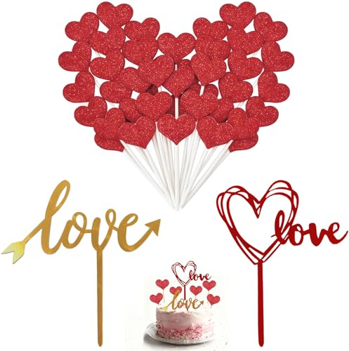 LIANRISES 52pcs Red Glitter Love Heart Cupcake Toppers, Valentine Cake Topper, Valentines Cake Decorations, for Wedding, Engagement, Bridal Shower, Birthday Party