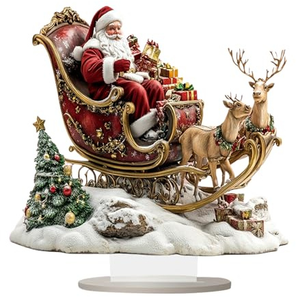 2D Acrylic Christmas Table Decor | Santa On Reindeer Sleigh Decor - Desktop Sign Decoration - for Indoor Party Desktop Bookshelf Mantel TV Cabinet Entryway Living Room Bedroom Study Room