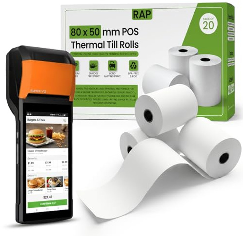 80x50mm Thermal Till Rolls Pack of 20 BPA Free POS Receipt Paper Rolls | Thermal coated surface needs no ink or ribbon, suits mobile card readers, delivery terminals and handheld receipt printers