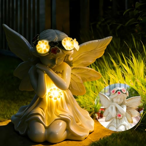 Solar Engel Gartenfiguren, LED Fairy Engel Figur Gartenstatuen, Wetterfest Gebetsengel Solarleuchte 6~12 Stunden, Gartendeko Figuren Grabschmuck für Friedhof Rasen Terrasse Draußen Gartendekoration