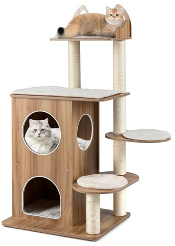 COSTWAY Árbol Rascador para Gatos de Madera, 122 cm de Altura, Torre para Gatos con Condo de 2 Pisos, Postes de Sisal, 3 Plataformas Anchos con Cojines Desmontables, Mueble Auxiliar Moderno Gatitos