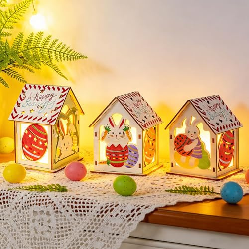 GZWY Osterdeko Holz Haus Beleuchtet, Ostern Deko Häuser mit LED Licht, LED Osterdeko Haus mit Ostereier Osterhase Deko Osteranhänger aus Holz, Osterdekoration Modern Tisch für Deko Wohnzimmer (3er)