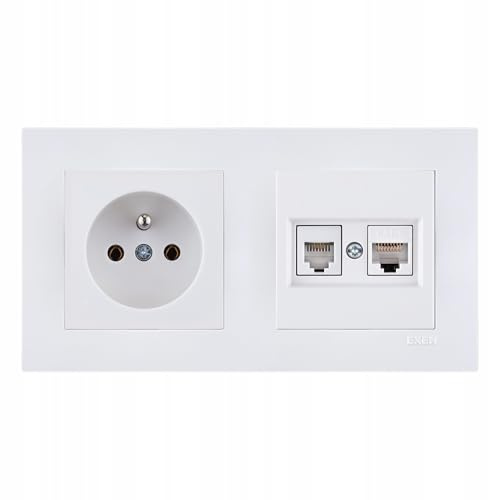 EXEN Ensemble Complet Prise Murale Simple avec Terre Type E 16A 250V + Prise Informatique 1x RJ45 Cat.6 et Téléphonique 1x RJ11 avec Cadre Double KARELL Blanc – All-in-One