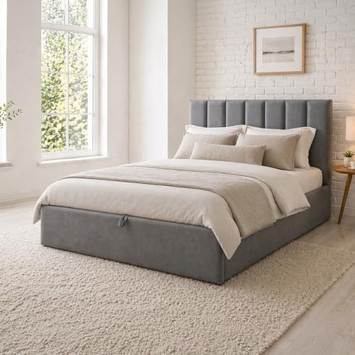 SANA SLEEP 5FT King Size Cotton Ottoman Gas Lift Fabric Storage Bed - Upholstered King Bed with Mattress - Foot Lift Up Ottoman Bed - Grey Linen