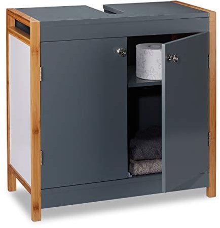 Relaxdays Meuble Dessous de Lavabo, Bambou, Meuble Sous Vasque, Evier salle de bains, H x L x P : 60 x 60 x 29 cm, gris