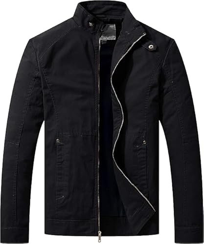 WenVen Men's Casual Cotton Jacket Outdoor Windbreaker Coat Classic Full-Zip Jacket Lightweight Jackets Black XL