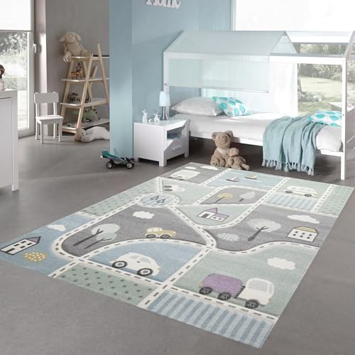 Teppich-Traum Teppich Wohnzimmer modern weich kurzflor pflegeleicht Schlafzimmer Teppich blau grau Designteppich groß dekorativ Innenbereich 120 x 170 cm