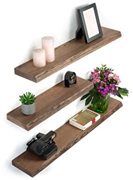 Rikmani Wandregal Holz Eiche massiv dunkel - Handgefertigtes Regal mit Baumkante Bücherregal Holzregal Wandboard Leo (dunkel) 70 cm