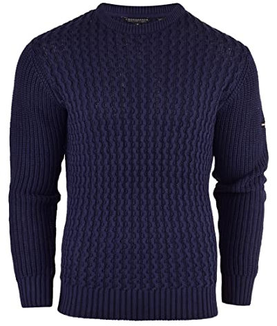 Crosshatch Mens Cotton Cable Knit Jumper Pullover Winter Sweater- 100% Cotton Blue XL