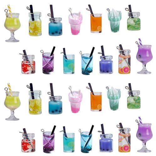 SUNNYCLUE 1 Box 28Pcs Milk Tea Fruit Charms Mini Bottle Boba Ice Cream Pendants Imitation Drink Resin Glass Jewellery Findings Accessories for Women DIY Earring Necklace Making